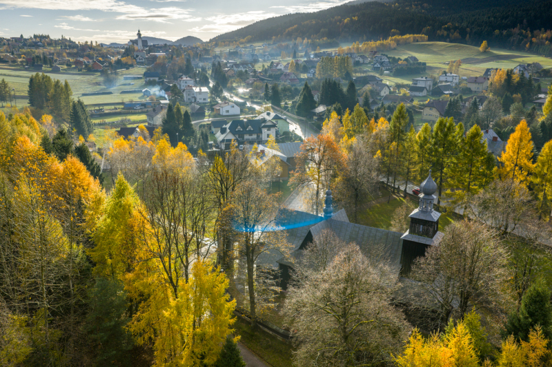 zdjęcie z drona zabytkowego kościoła w Ptaszkowej